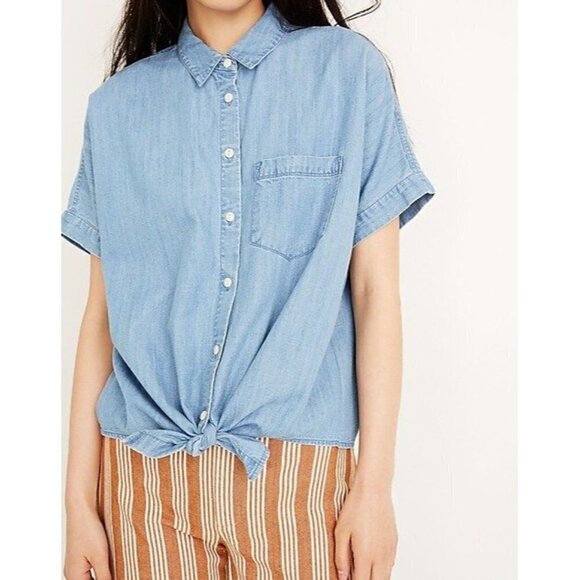 Madewell Blue Denim Chambray Short Sleeve Tie Front Button Down Top S - Picture 1 of 5